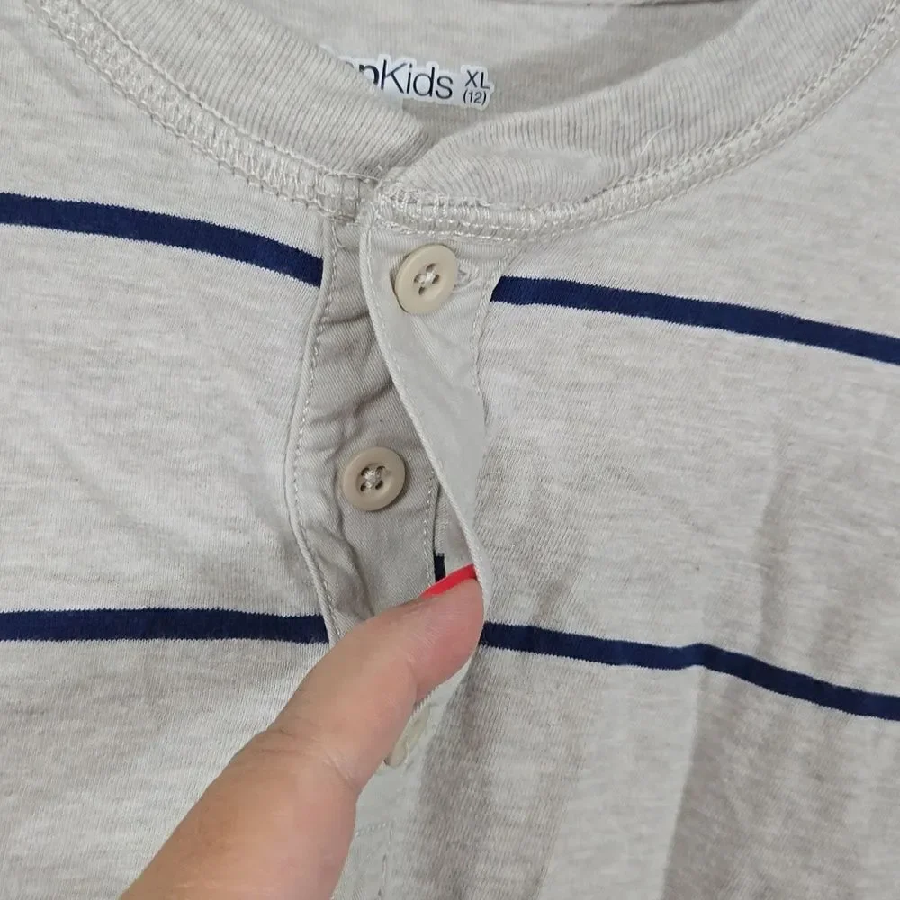 GAP Kids XL/12 Boys Oatmeal Stripe Long Sleeve Henley T-Shirt Casual Cotton Tee